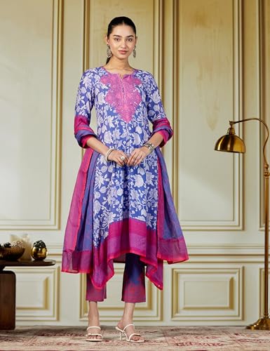 Image of BIBA Women Cotton Straight Printed Kurta Ankle Length Suit Set