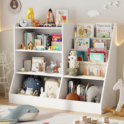 Image of IKALIFE 39" Large Wooden Kids Bookshelf and Toy Storage Organizer, Baby Bookcase with Sling Book Rack, Children Toddler Wooden Book Shelf for Kids Rooms, Playroom, Classroom, Nursery, School (White)