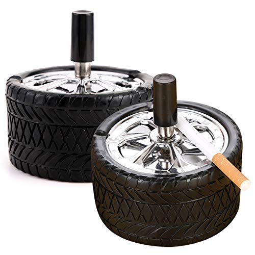 Qixuer 2 Pieces Black Ashtray, Rotating Ashtray Durable Cigarette Ash Tray Stainless Steel with Lid in the Shape of Truck Tyres Modern Wind for Garden Office Home Outdoor Balcony