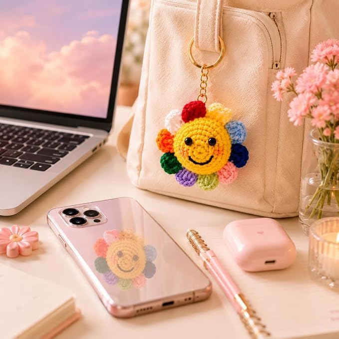 Image of Handmade Crochet Keychain Combo for Girls Women Cute Aesthetic Sunflower Strawberry Watermelon Daisy Knitted Keychain Bag Charm Purse Charm Car Key Ring Backpack Accessories Gift