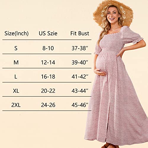 Floral Print Square Neck Puff Sleeve Maternity Dress For Baby Shower Photoshoot Summer, Boho Smocked Split Maternity Dress #TOP5