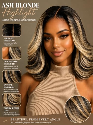 Image of Beauty Forever 7x5 Bye Bye Slip Glueless Lace Wig Human Hair Ash Blonde Highlight 14 Inch Feathered Layered Bob Wig Pre-Cut HD Lace Wear and Go Pre-Plucked Natural Hairline