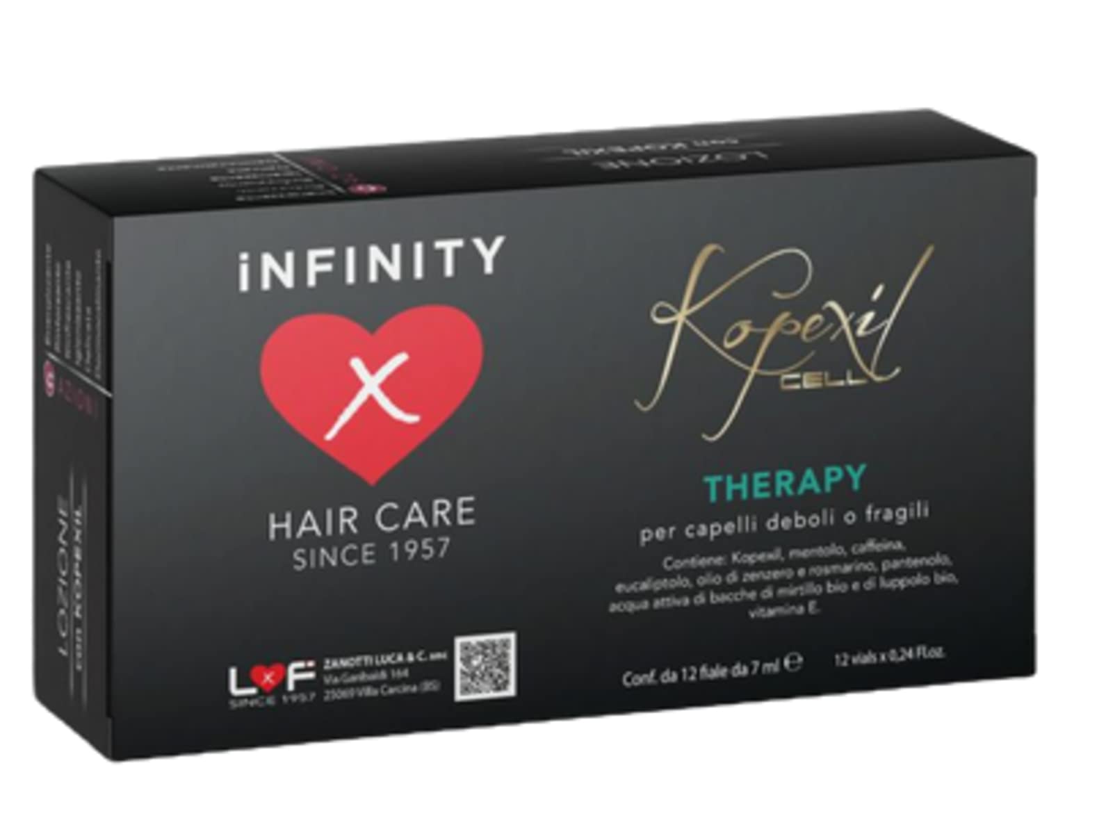 Infinity Hair Care Kopexil Cell, kompletny zestaw do pielęgnacji włosów skłonnych do wypadania włosów, składający się z 1 szamponu, 1 objętości sprayu i 12 ampułek