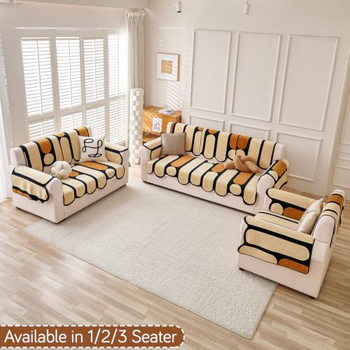Image of HOKIPO 'Moderna Curves' Complete Sofa Cover Set (Seat+Back+Arm) for 3 Seater Sofa | All Season Sofa Cover Mat with Anti Slip Backing, Oyster Beige (AR-6125+AR-6120 * 2+AR-6309 * 3)