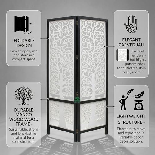 Image of Wooden Room Divider 6 Feet, 4-Panel Folding Wooden Partition for Living Room, Office, Pooja Room, Restaurant, Kitchen & Balcony (2W x 1.82H Meters). (White Black Border)