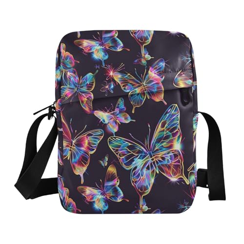 KLL Dreamy Colorful Butterflies Black Background messenger bag for women crossbody Vegan Leather mens shoulder bags crossbody Casual Shoulder Handbags