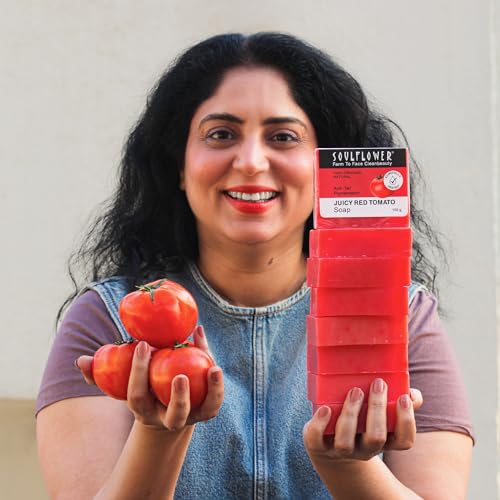 Image of Soulflower Tomato Soap Tan Removal, Skin Acne, Pimple, Blemishes, Fine Lines, Wrinkles | Handmade, Premium, Nautral, Bathing Soap | Tomato, Beetroot Extract, Olive Oil, Castor Oil, Vitamin E | 150g