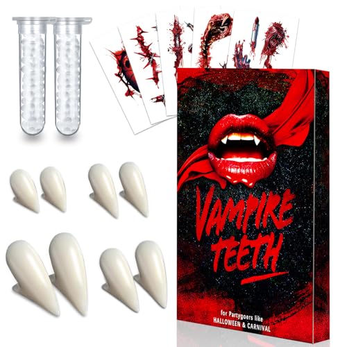 Presas vampiro - dentes vampiro menino adulto 4 pares, 2 folhas tatuagens de Halloween e 2 tubos partículas de cola de dentes, vampiro Teeth para Halloween cosplay Party dentadura vampiro Fangs