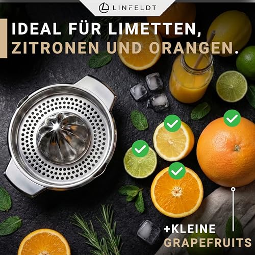 LINFELDT 450ML Zitronenpresse Edelstahl - Orangen & Limetten - Rostfrei & Spülmaschinenfest - fängt Kerne & Fruchtfleisch auf - 16,7B x 13,5H cm 4