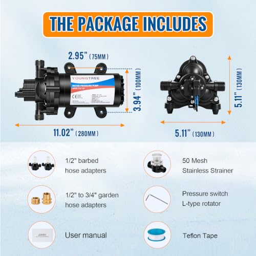Image of YOUNGTREE RV Water Pressure Diaphragm Pump 110V 4.0GPM 50PSI On Demand Fresh Water Transfer Pump 110Volt AC with Garden Hose Adapters for Irrigation Home Pool Draining Sprinkler