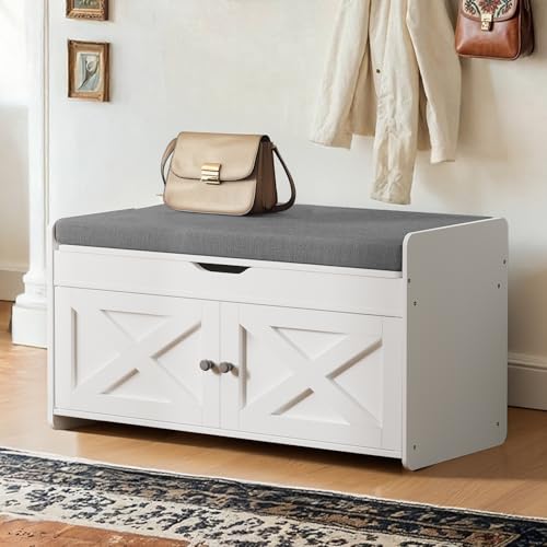 Amada 31.5" Shoe Storage Bench, Entryway Bench with Cushioned Seat, White