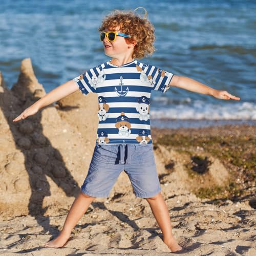 Boys Short Sleeve T-Shirts Cartoon Navy Dog Anchor Rashguard Kids Swim Shirts Sun UPF 50+4