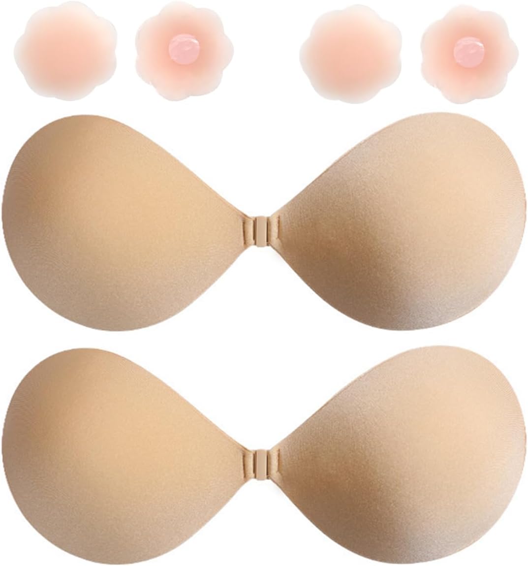 One size Invisible Sticky Bra, 2024 Upgrad Reusable Silicone Adhesive Bra Backless Strapless Push Up Bra with Nipple Covers A Beige+beige