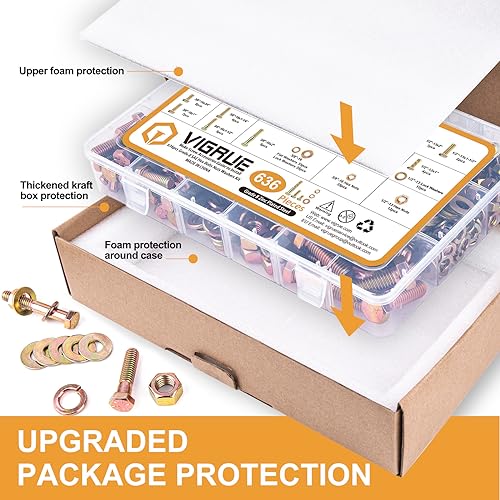 Image of VIGRUE 636PCS Grade 8 Bolt Assortment Kit, 1 /4-20, 5 /16-18, 3 /8-16, 1 /2-13 Heavy Duty SAE Bolts and Nuts Washers Kit
