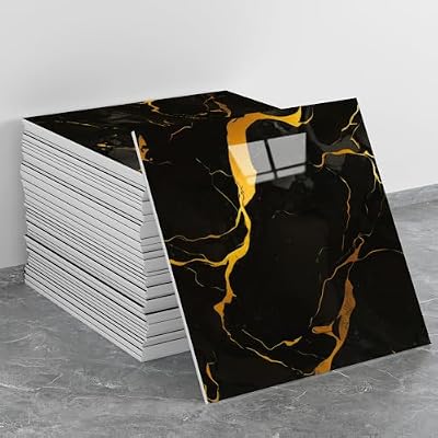 LVSHI 20pcs Marble Peel and Stick Waterproof PVC Shower Wall Panels Bathroom Backsplash Tile Stick on Wall for Bedoom, Kitchen 11.8"x11.8" (Black-Gold,19.4 Sq.Ft.)