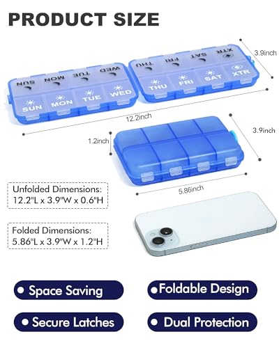 Image of Pill Organizer Travel Medicine Organizer - Weekly Pill Organizer with 2 Extra Compartments, Clear Printed Labels, AM PM Pill Dispenser