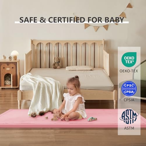 Image of Huloo Sleep Play Mat for Babies Toddlers,1.3 inch Thick Elasti-Foam Anti-Fall Cushion Mat for kids Room,28x72 Bedroom Bedside Rugs,Water-Repellent Soft Coral Velvet,Non-Slip(Pink)