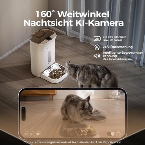 Amicura F1 Pro Futterautomat Mit 2K Kamera & 2.4G/5G Dual-WiFi, 4.5L Automatischer Futterspender Mit 160° Nachtsicht, Anti-Blockade-System, 3-Fach Frischeschutz & APP-Steuerung Für Katzen – Bild 3