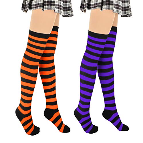 Women Thigh High Socks Long Striped Cotton Over Knee Stockings Cosplay Fashion Wild Leg Warmers (2p) black(orange+purple)