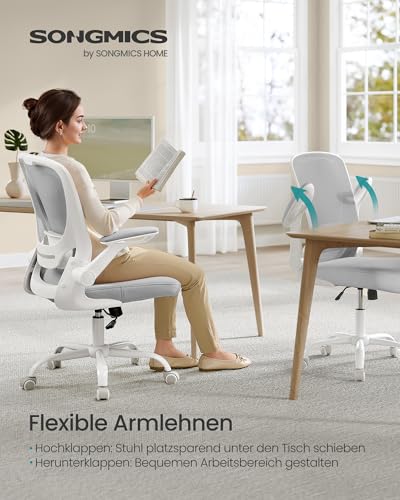 SONGMICS Bürostuhl ergonomisch, Drehstuhl mit Mesh, Lenden- und Kopfstütze, Wippfunktion, 53 cm große Sitzfläche, klappbare Armlehnen, Arbeits- und Schlafzimmer, Studenten, hellgrau OBN037G02