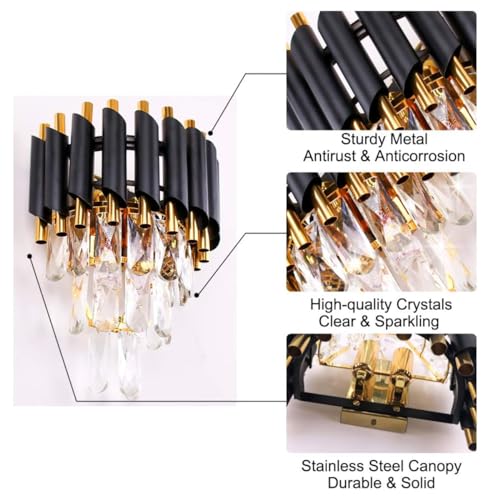 Image of WHITERAY Modern Crystal Wall Sconce Lighting Black Wall Light Fixture Bedside Light 3 Tiers Wall Lamp for Bedroom Bathroom Dinning Living Room Hallway(WL Crystal Led)