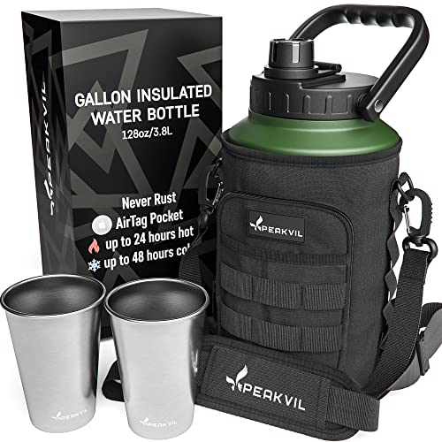 Peakvil One Gallon Vacuum Insulated Water Bottle - Large Camping Growler Jug With Carrying Pouch And Two 16Oz Stainless Steel Cups - Hot Cold Thermo Canteen Mug - 128 Oz #TOP26