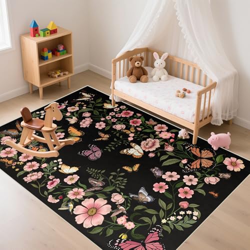 Area Rug for Living Room 5'x7' - Floral Butterfly Print 5x7 Area Rugs for Living Room Soft Black Washable Rugs Ultra-Thin Indoor Door Mat (5'x7',Black)