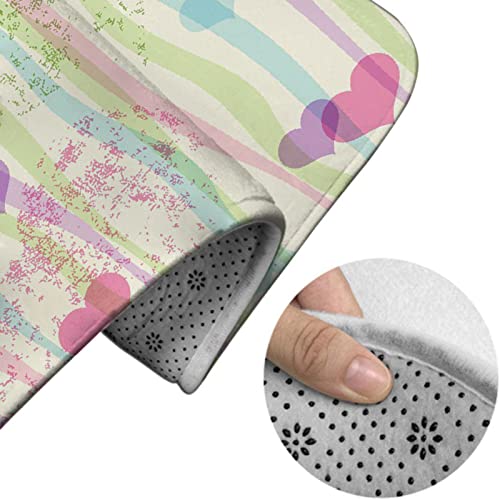 Badezimmerteppich-Set, 3-teilig, Valentinstag-Pastell-Grunge-Muster mit bunten Streifen und Herzen, waschbare Badteppiche, rutschfest, mit Rückenpolster, Konturteppich und Toilettendeckelbezug – Bild 5