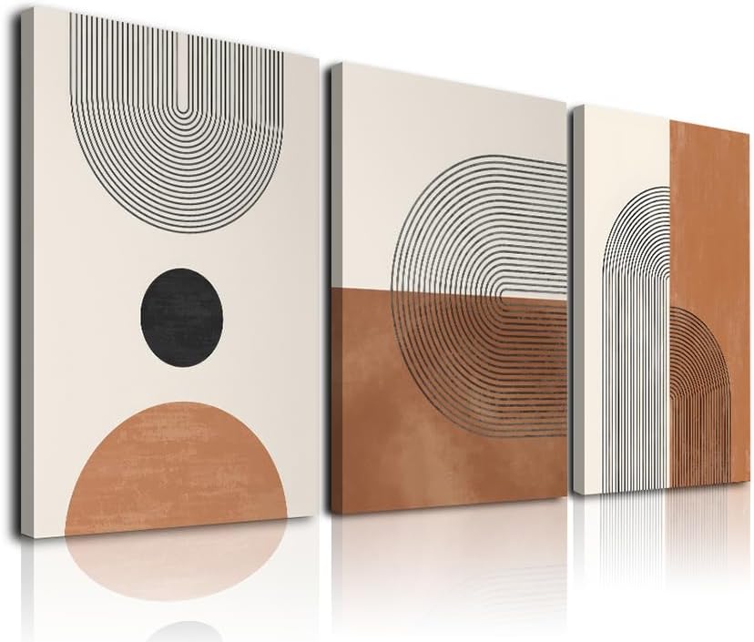 ASTRDECOR Boho Wall Art Set Of 3, Boho Wall Decor, Mid Century Modern Wall Art, Neutral Abstract Geometric Framed Canvas Artwork Prints for Wall Decor, Burnt Orange Minimalist Art Large 12" X 26" Ready To Hang for Bathroom Bedroom Living Room