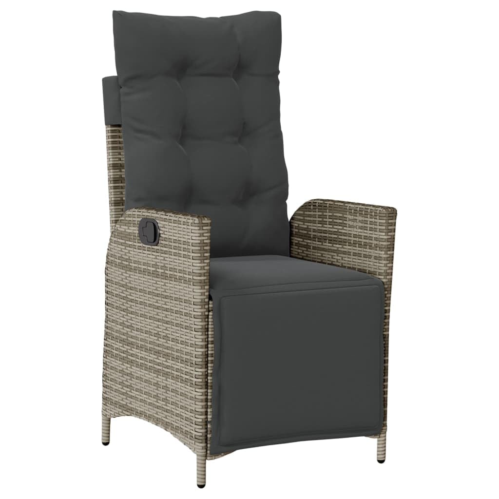 Conjunto de comedor de jardín para terraza con respaldo ajustable y tablero de mesa en color gris de poliratán, incluye cojines y fundas extraíbles