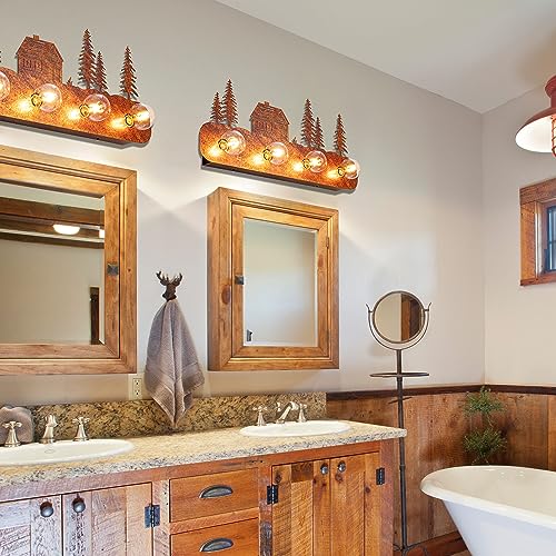 Image of TOCHIC Rustic Bathroom Light Fixtures, 4-Light Western Vintage Vanity Light | Farmhouse Bathroom Vanity Light Over Mirror,Cabinets,Powder Room,Foyer,26 inchL Dimmable Sconces Wall Lighting,Rust Finish