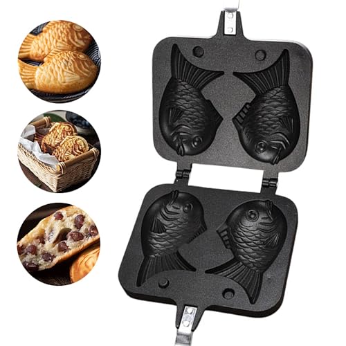 Fictory Waflera antiadherente en forma de pez, gofrera de fácil liberación, molde de aleación de aluminio con mango antiquemaduras, divertidas golosinas de desayuno
