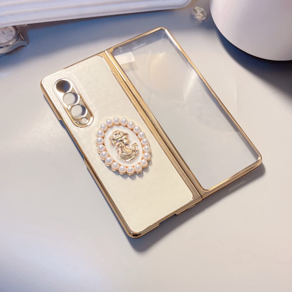 Perline in silicone morbido di grado Custodia per cellulare in pelle placcata oro di lusso per Samsung Galaxy Z Fold 4 3 2 Cover protettiva per pellicola, nessuna catena, per Galaxy Z Fold 3