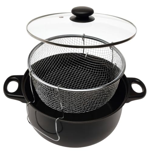 26cm Deep Chip Frying Pan with Basket & Glass Lid - Non-Stick Deep Fryer Pot for Chips, Onion Rings, Fish & More – Compatible with Gas, Electric & Ceramic Hobs