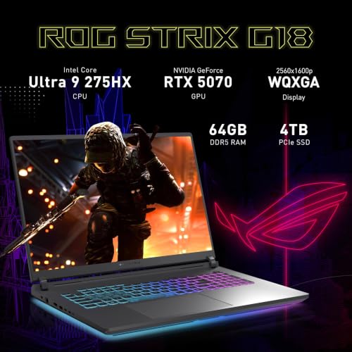 Image of ASUS ROG Strix G18 Gaming Laptop, 18 inch 2.5K 16:10 240Hz /3ms, NVIDIA GeForce RTX 5070, Intel 24-Core Ultra 9 275HX, Thunderbolt 4, Wi-Fi 7, RGB Backlit KB, Windows 11 Pro (32 GB DDR5 RAM, 2 TB SSD)