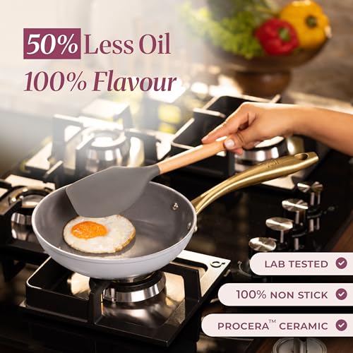 Image of Asai Ceramic Non Stick Fry Pan 24cm with Silicone Spatula | Grey | 100% Toxin Free | No PFAS, PFOA, PTFE | Superior Swiss Ceramic | Induction Safe | Non Stick Frying Pan, Egg Pan | Lab Tested