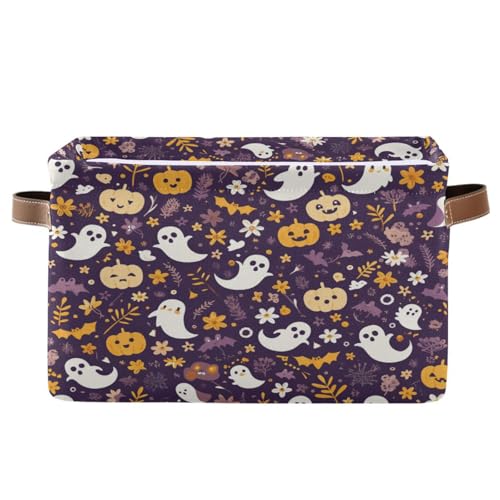 Kigai Halloween Boo Storage Basket with Handle Collapsible Canvas Fabric Storage Bins Shelves Closet Organizer Kid Toy Basket for Bedroom Nursery Office, 1 PACK
