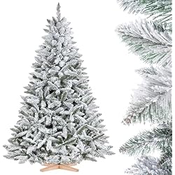 FairyTrees árbol de Navidad Artificial 180cm Abeto con el Soporte de Madera | árbol Artificial con Copos de Nieve Blancos | Fabricado en EU