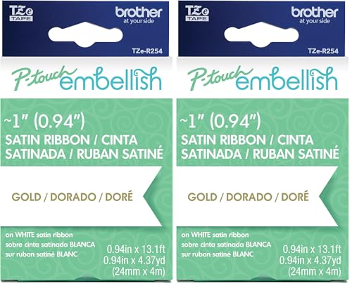 Image of Brother P-Touch Embellish Gold Print on White Satin Ribbon TZE-R254 - ~1 inch Wide x 13.1' Long (24mm x 4m /4.37yds), TZER254 (Pack of 2)