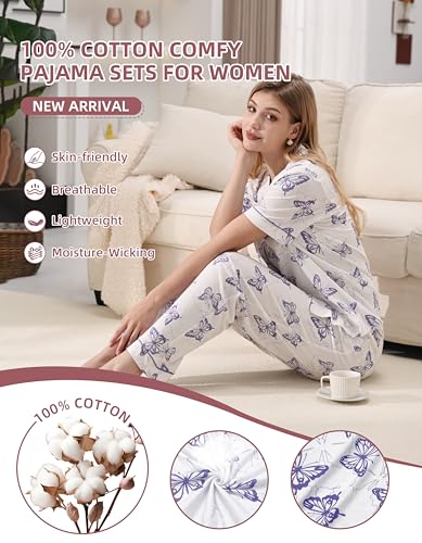 Image of NAP BOUND 100% Cotton Women's Pajama Sets Short Sleeve Button Down Soft Pjs 2 Piece Lounge Set with Pocket Nightwear XS-XXL