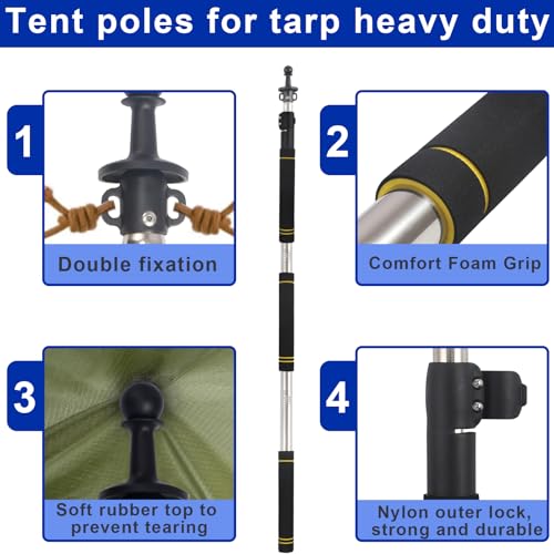 Frebuta Tarp Pole,Tent Pole for Trap 2Ft to 6Ft Canopy Poles Heavy Duty Telescoping Shade Sail Poles Stainless Steel Tubes Camping Awning Poles with Sponge Long Handle Sturdy Durable Shade Cloth Poles