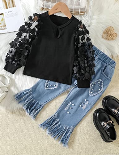 Image of Toddler Girl Clothes 3T-4T toddler girls fall winter outfits Black Lace Butterfly Long Sleeve Light Blue Jeans 2Pcs Fashion Gift Set