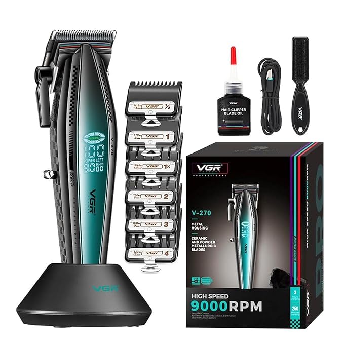 VGR 270 Hair Clippers for Men Professional | Low Noise Cordless High-Speed 9000 RPM Fresh Fade Ceramic Blade Barber Clippers | Hair Cutting Kit with 6 Guide Combs, USB Charging Base & LED Display-image-42
