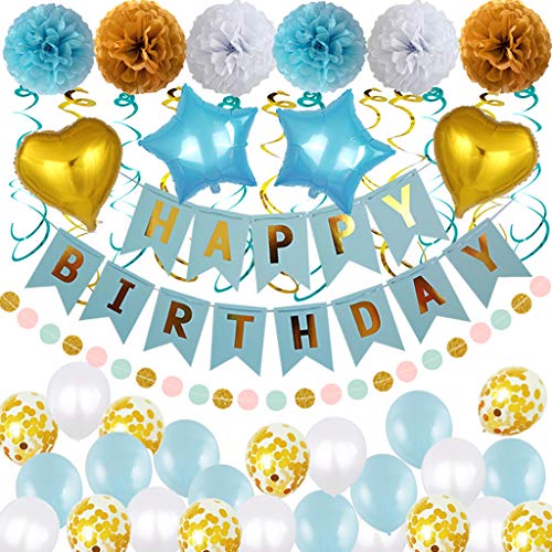 Decorazioni di Compleanno Set di Forniture per Feste, striscioni di Buon Compleanno,turbinii sospesi,Fiori di Pompom,Palloncini di stagnola Cuore,Ragazzo Blu Parti Kit Decorazione imballare (Blu)