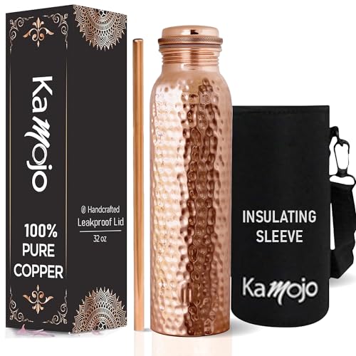 Kamojo Copper Water Bottle for Drinking - Hammered 100% Pure Copper Tumbler Cup with Leak Proof Lid, Removable Insulating Sleeve & Straw - Handcrafted Ayurvedic Cup for Water 32 fl oz