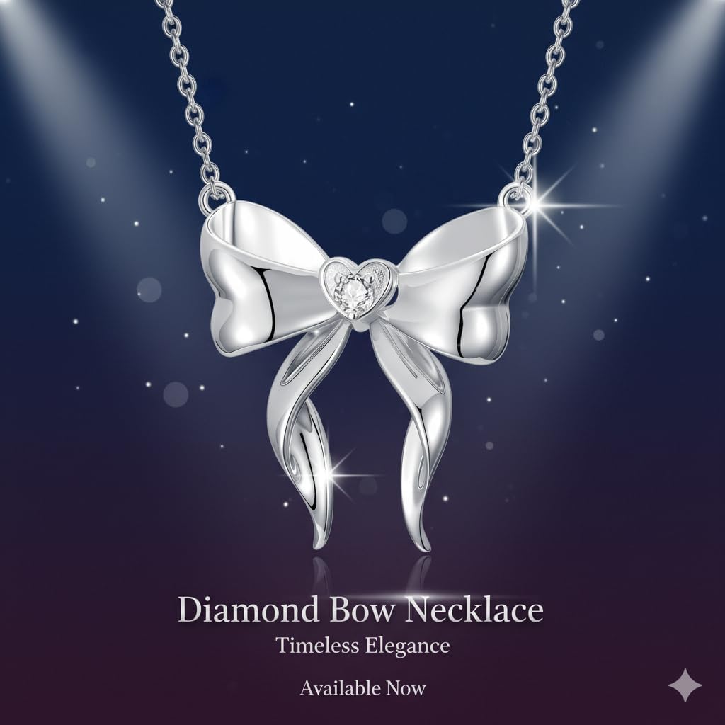 Diamond Bow Necklace, 925 Sterling Silver Bow Tie Ribbon Pendant, Dainty Elegant Jewelry Birthday Christmas Gift for Women - Image 7