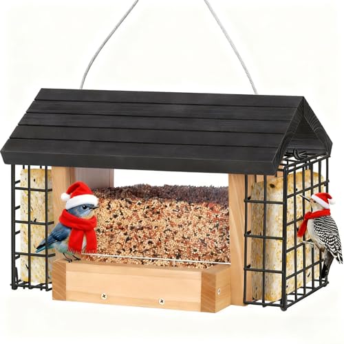 Gbekery Hopper Bird Feeder for Outdoors Hanging, Wooden Bird Feeder with Double Suet Cage and Large Seed Capacity, Cedar Wood Suet Feeder with Weatherproof Roof, Garden Decoration