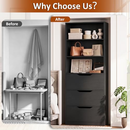 Image of Shintenchi Bookshelf,6-Tier Bookcase with 3 Drawers, 6 Shelf Display Storage Shelves Floor Standing 70.6 inches Tall Bookcase for Home Office, Living Room (Black)