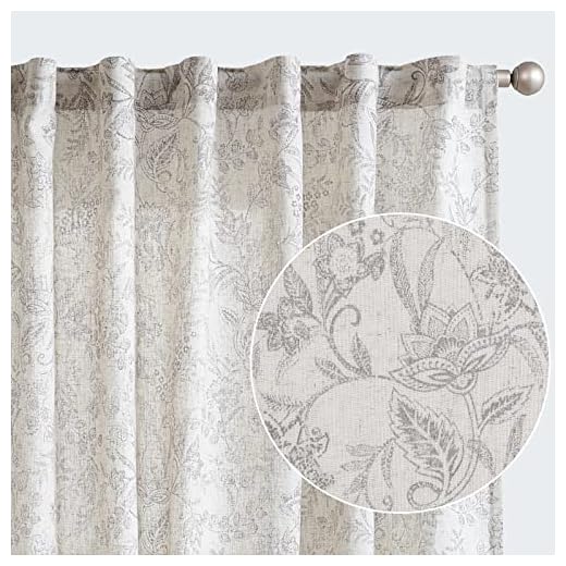 Vangao Farmhouse Linen Curtains 96 Inches Long for Living Room Bedroom Grey Vintage Floral Printed on Beige Semi-Sheer Window Drapes Back Tab Rod Pocket 2 Panels