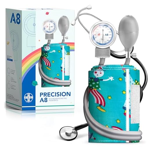 AIESI® Esfigmomanometro Manual Pediatrico profesional aneroide tensiómetro clásico con estetoscopio plano y con brazalete de colores para ninos PRECISION A8, Garantía 24 meses